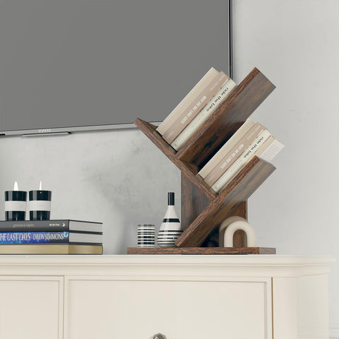 YMYNY 2 Tier Tree Bookshelf, Small Bookcase, Modern Wood Book Storage Rack Organizer, Freestanding Book Shelf for Books/Movies/CDs