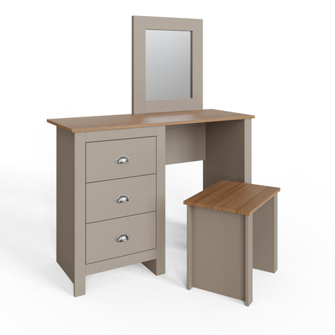 GFW Lancaster Dressing Table Set, Grey and Oak Effect Vanity Table with Mirror, Stool and 3 Drawers, Country Cottage Bedroom Furniture