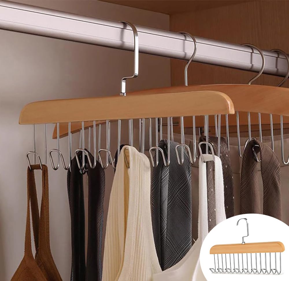 BOBOZHONG Wooden Belt Hanger for Closet, 2 Pack with 8 Hooks, Anti Slip, Polished Brown Finish