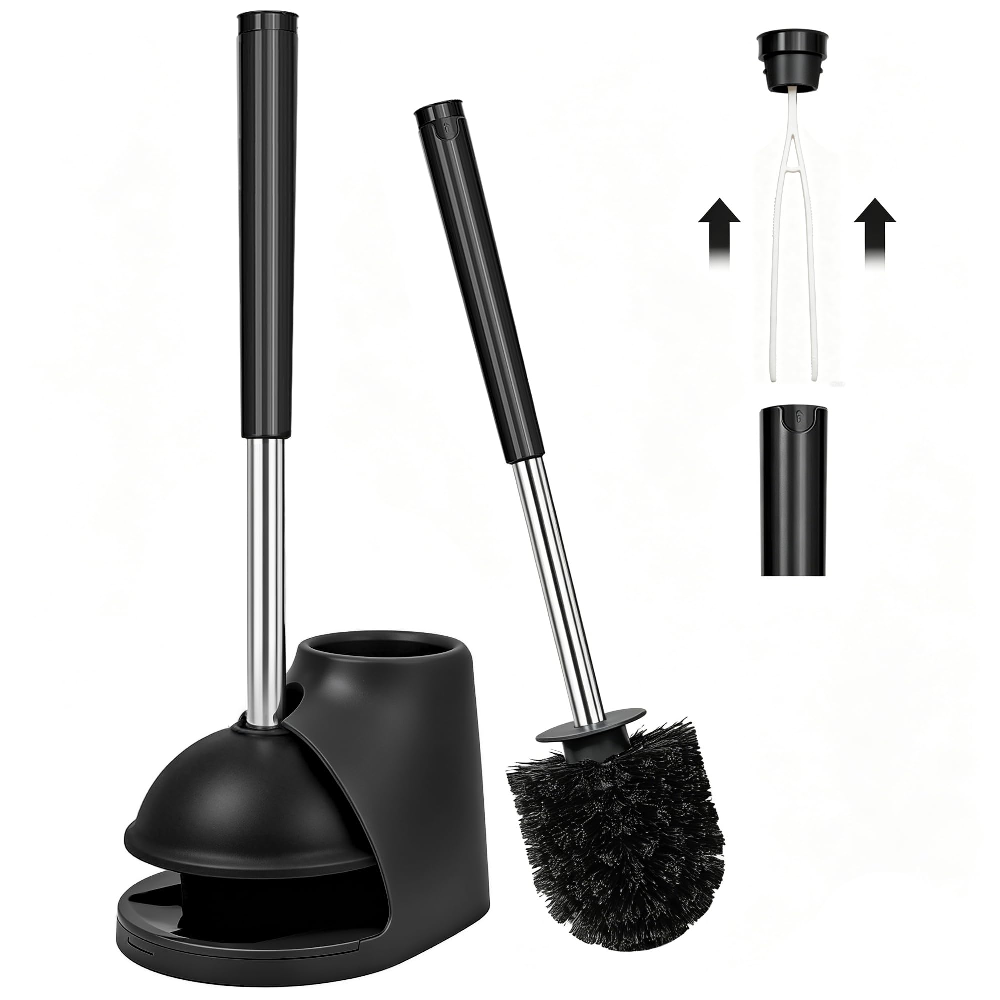 TidyBliss Toilet Brush and Plunger Combo Set with Holder and Hidden Tweezers, Heavy Duty Bathroom Bowl Scrubber Cleaning Kit for Bathtub Wash Basin