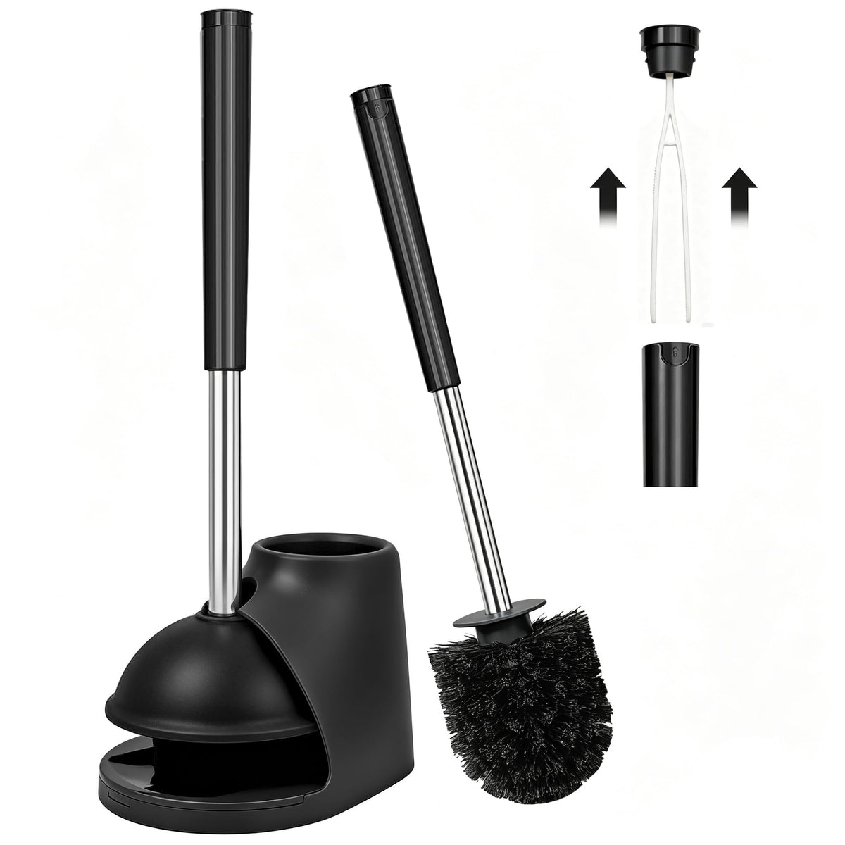 TidyBliss Toilet Brush and Plunger Combo Set with Holder and Hidden Tweezers, Heavy Duty Bathroom Bowl Scrubber Cleaning Kit for Bathtub Wash Basin