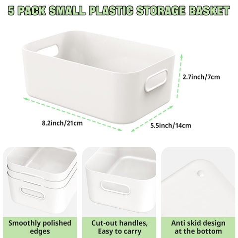W&H 5 PCS Plastic Storage Boxes, Small Storage Baskets with Handle, Kitchen Cupboard Organiser, Plastic Baskets for Bathroom, Drawer, Shelves