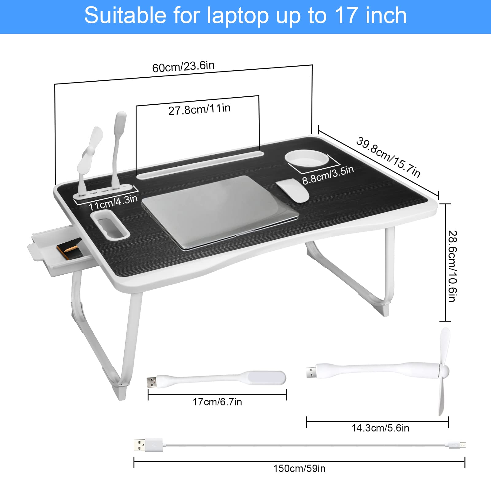 Upgraded Bed Table Laptop Desk, Foldable Tray with USB Charge Port, Handle, Desktop Card/Cup Slot, Side Drawer
