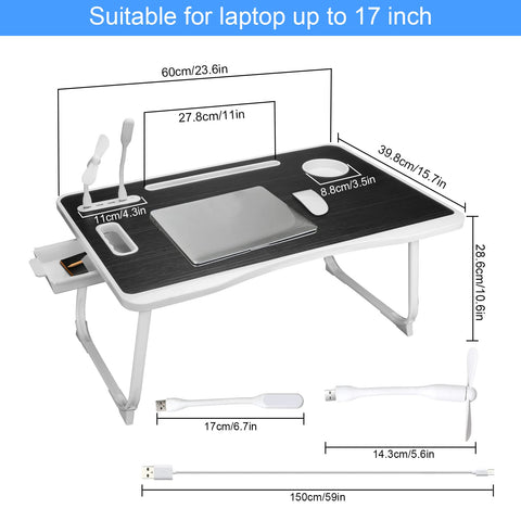 Upgraded Bed Table Laptop Desk, Foldable Tray with USB Charge Port, Handle, Desktop Card/Cup Slot, Side Drawer