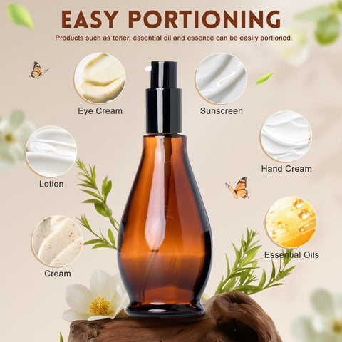 2Pcs 100ml/3.4oz Amber Glass Lotion Pump Bottles Travel Size Pump Dispenser Cosmetics Containers Bottle Jar with Black Pump for Essential Oil
