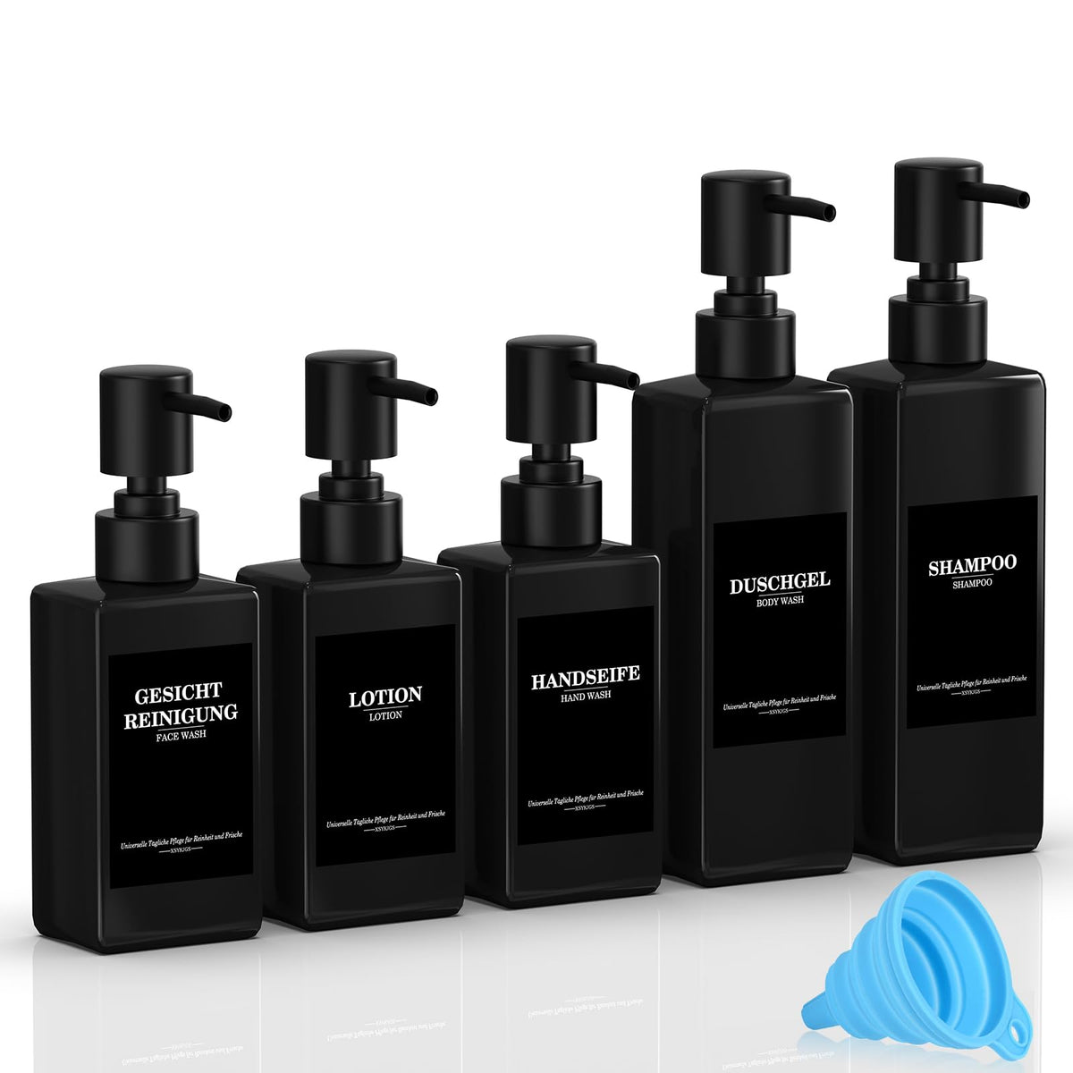 Set of 5 Reusable Shampoo Dispenser Bottles for Filling, 3 x 300 ml + 2 x 500 ml Black Refill Bottles with Pump Dispenser