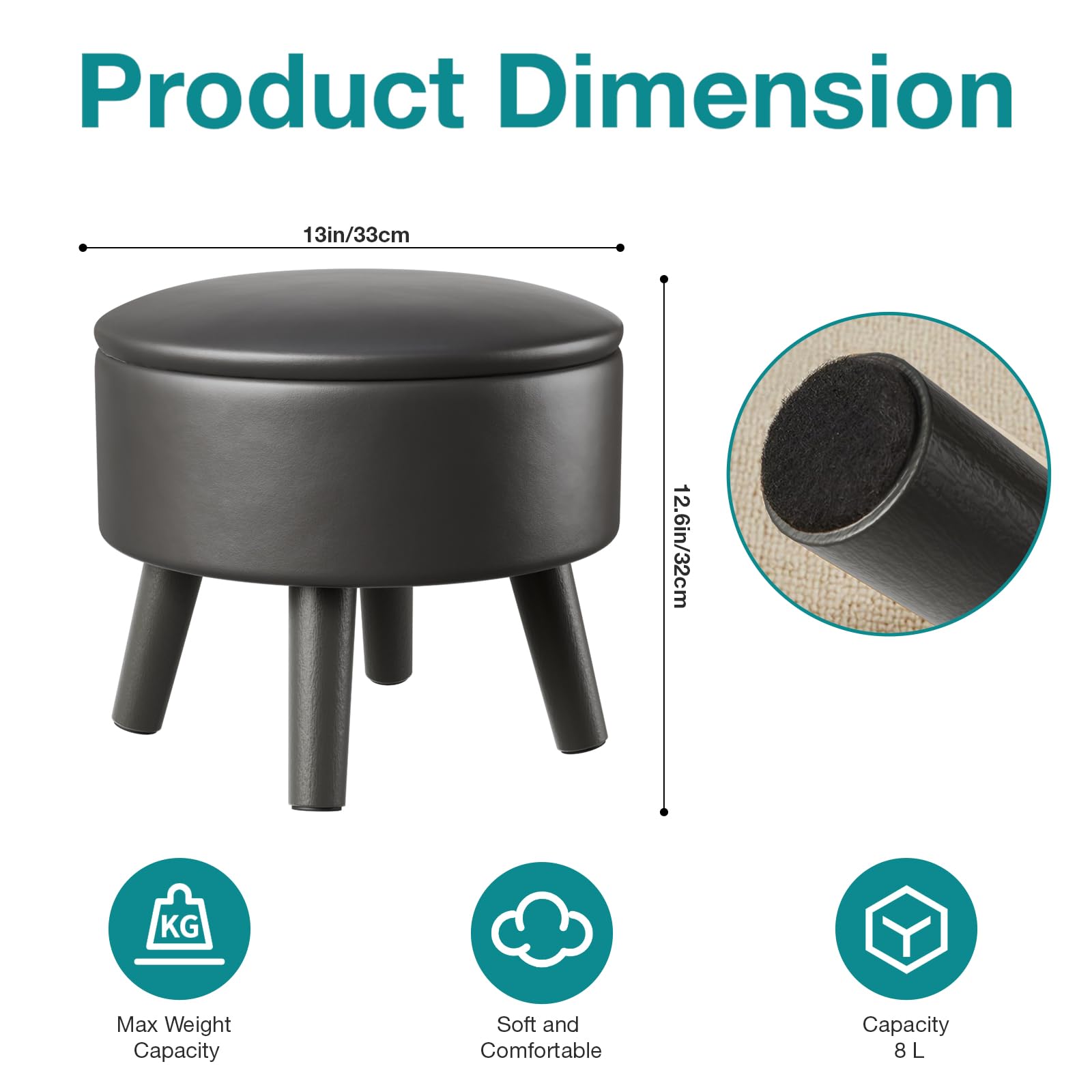 BRIAN & DANY Footstool with Storage, Small Storage Ottoman, Faux Leather Round Stool with Lid, Foot Stool with Legs for Living Room Entryway, Black