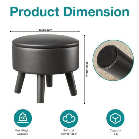 BRIAN & DANY Footstool with Storage, Small Storage Ottoman, Faux Leather Round Stool with Lid, Foot Stool with Legs for Living Room Entryway, Black