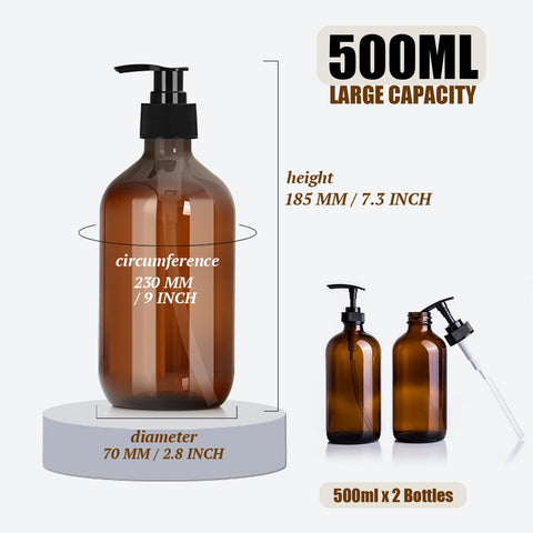 2 Packs Plastic Pump Bottle Dispenser 500ml(17oz), Refillable Soap Dispensers for Bathroom, Kitchen, Amber Shampoo Dispenser Shower Gel Dispenser