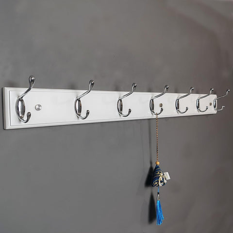 lomejii Long Wooden Wall Coat Rack White Wood 7 Silver Hooks, 80 cm, Strong Wall Coat Hook Rail for Coat, Hat, Bag