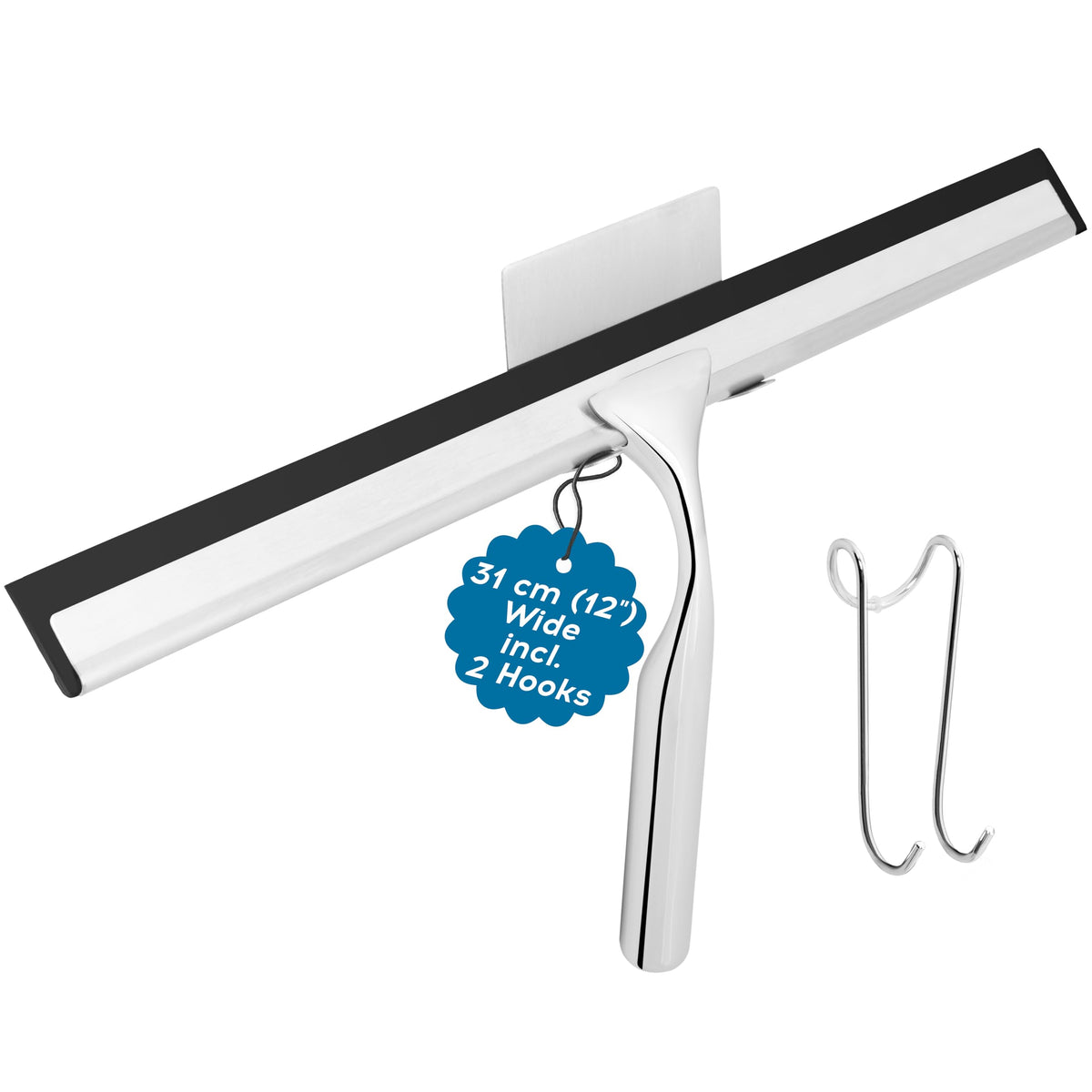 kowald Shower Squeegee Stainless Steel 31 cm Wide with 2 Different Hooks and Replacement Lip