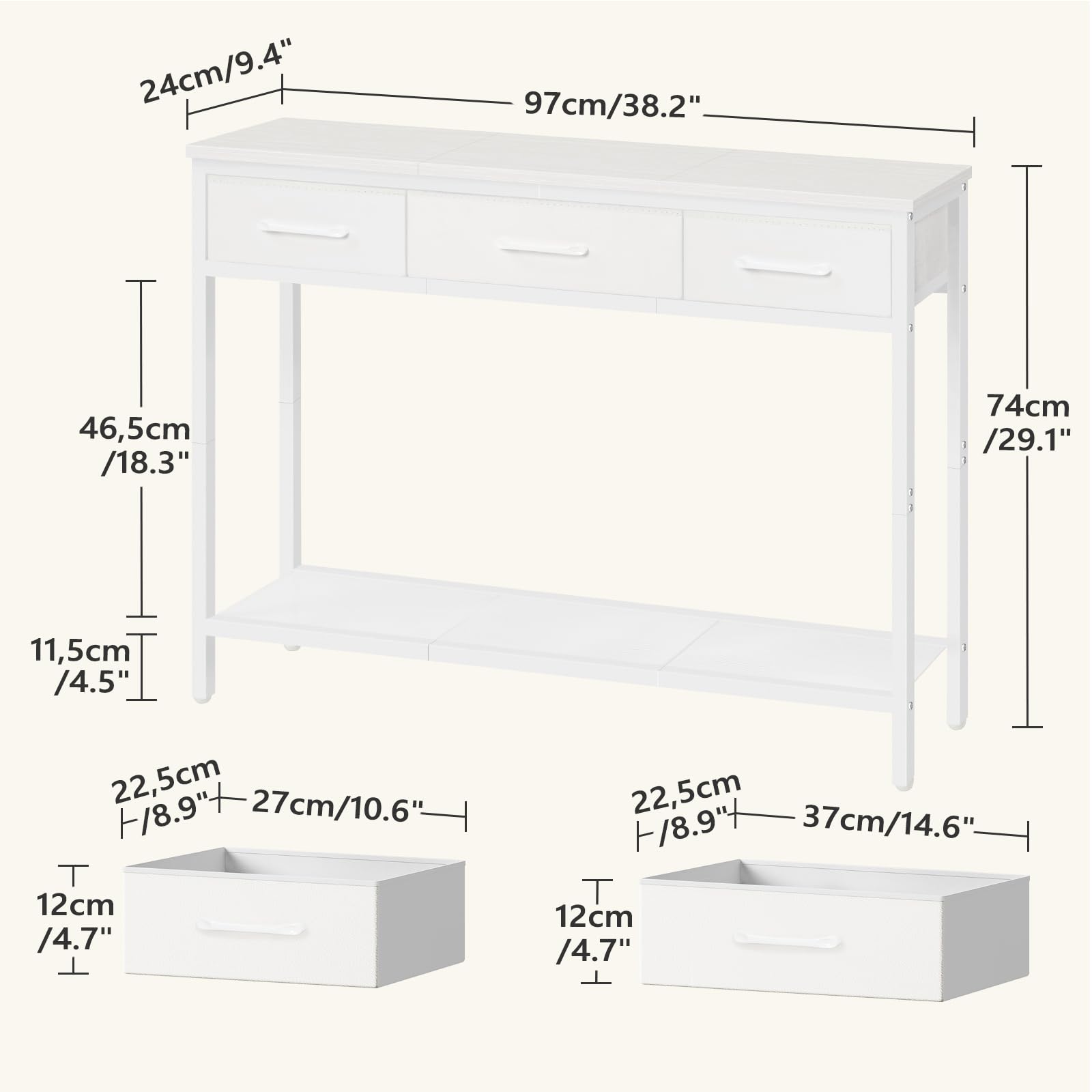 MAHANCRIS Console Table with 3 Fabric Drawers, Narrow Console Table with Open Shelf, 97 cm L Slim Entryway Table, Couch Table, for Hallway
