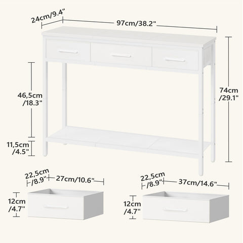 MAHANCRIS Console Table with 3 Fabric Drawers, Narrow Console Table with Open Shelf, 97 cm L Slim Entryway Table, Couch Table, for Hallway
