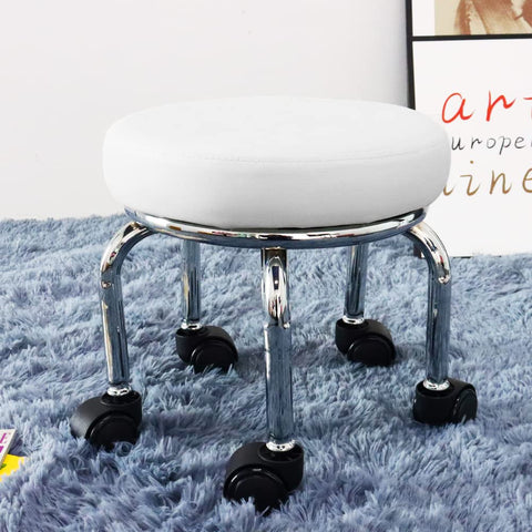 WKWKER Small Rolling Stool PU Leather Rotating Seat 360° Swivel Low Round Stool with Universal Wheels for Home Massage Garden Office Garage Shop