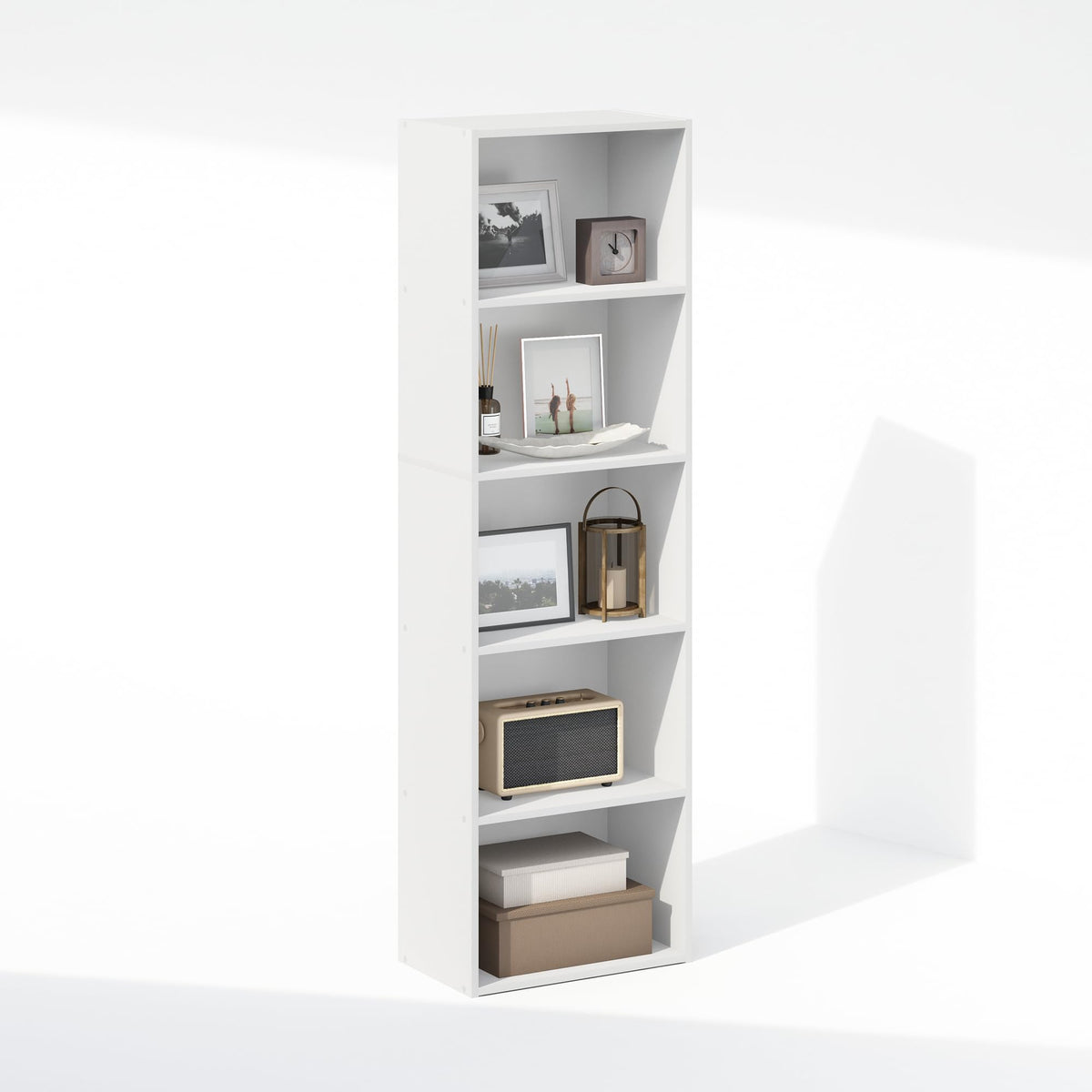 Furinno LUDER Book Shelf, 5-Cube Bookshelf, Bookcase with Open Shelf, 23.88 x 40.13 x 132.08 cm, for Living Room, Bedroom, Home Office, White