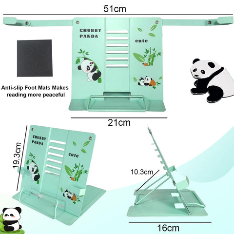 Garegce Book Stand Folding with Page Paper Clips, Cute Animal Panda Book Holder, Cookbook Stands 6-Position Adjustable Height for Reading