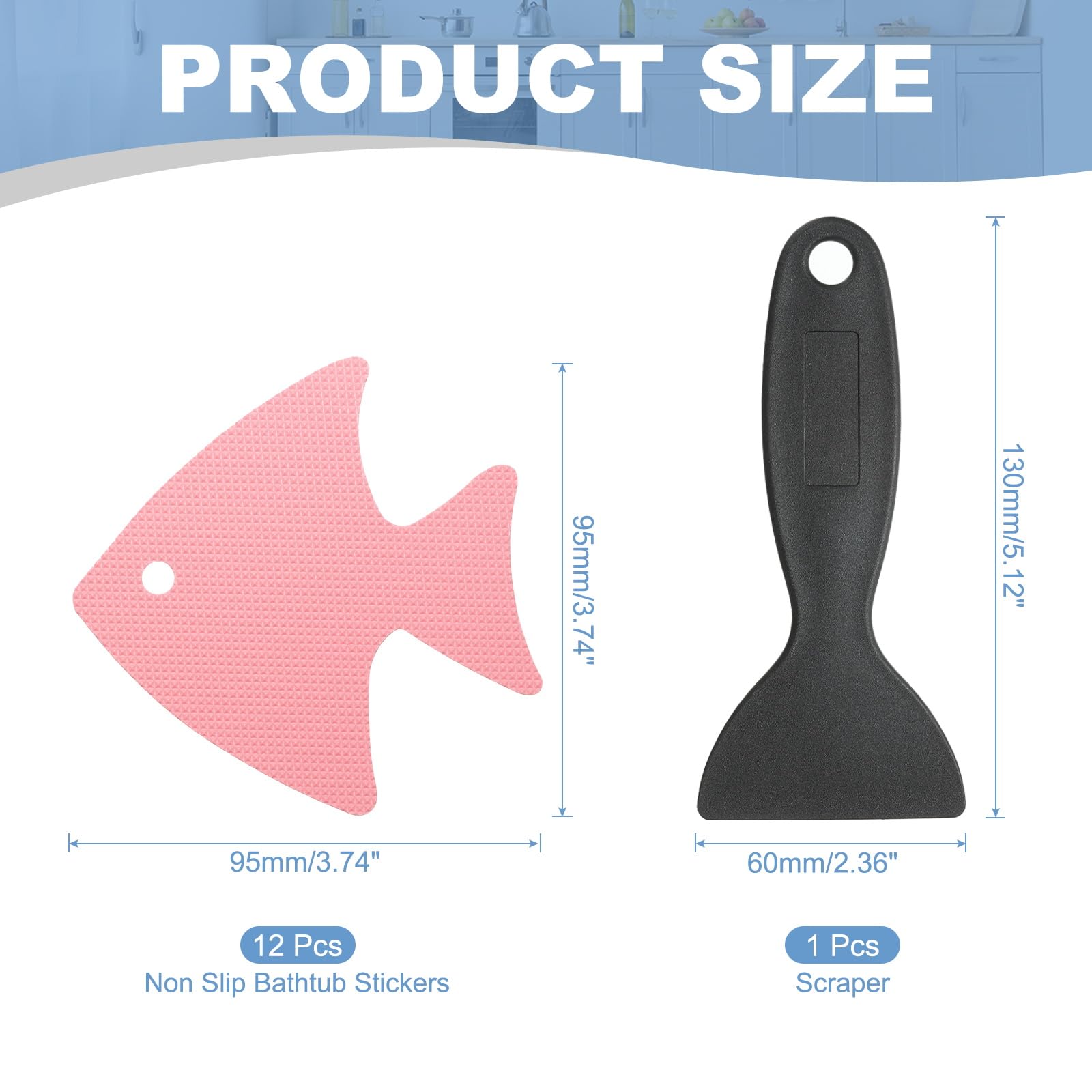 PATIKIL 12 Pcs Non Slip Bathtub Stickers, Anti Slip Shower Stickers with Scraper Bathroom Shower Floor Decals Fish Shape Cute Treads Tubs, Pink