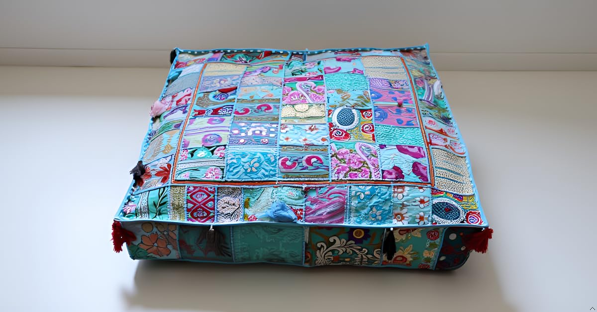 CRAFT KALA Indian Square Patchwork Traditional Pouf Cover Indian Living Room Poufs Decorative Embroidered Designer Ottoman Home Living Footstool