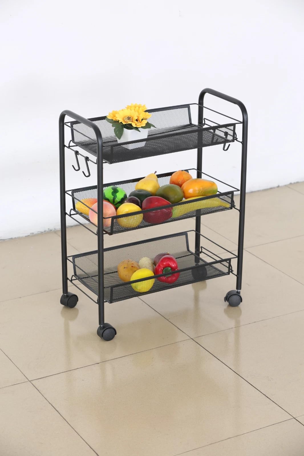 CELINO making your day 3 Tier Kitchen Storage Trolley Cart on Wheels – Metal Mesh Fruit Vegetable Basket Rack Organizer Unit with Side Hanging Hooks