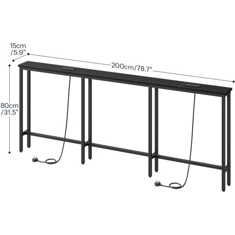 HOOBRO 200 cm Slim Console Table with 2 Charging Stations, Narrow Behind Sofa Table, Long Hallway Table with Adjustable Feet, for Hallway