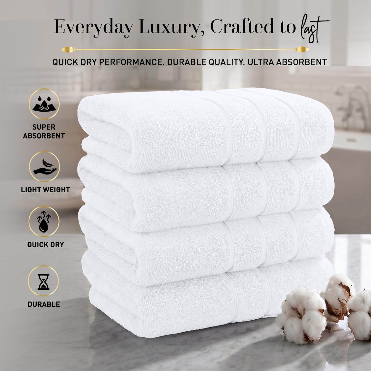 Zero Twist Bathroom Towels I 4 Pack Bath Towels I Quick Dry I White