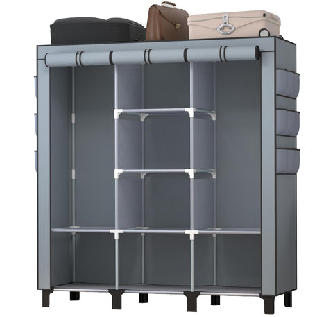 chunyangjingpin Portable Closet with 2 Hanging Rails & 8 Shelves, Bedroom Wardrobe with 18 Side Pockets, Foldable Garment Organiser (Grey)