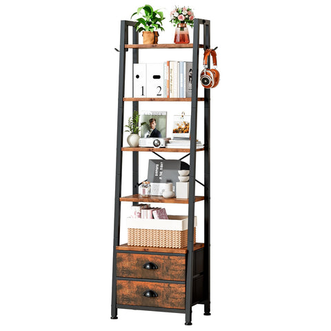 Wooruy 5 Tier Narrow Bookshelf with 2 Fabric Drawers Corner Ladder Shelf