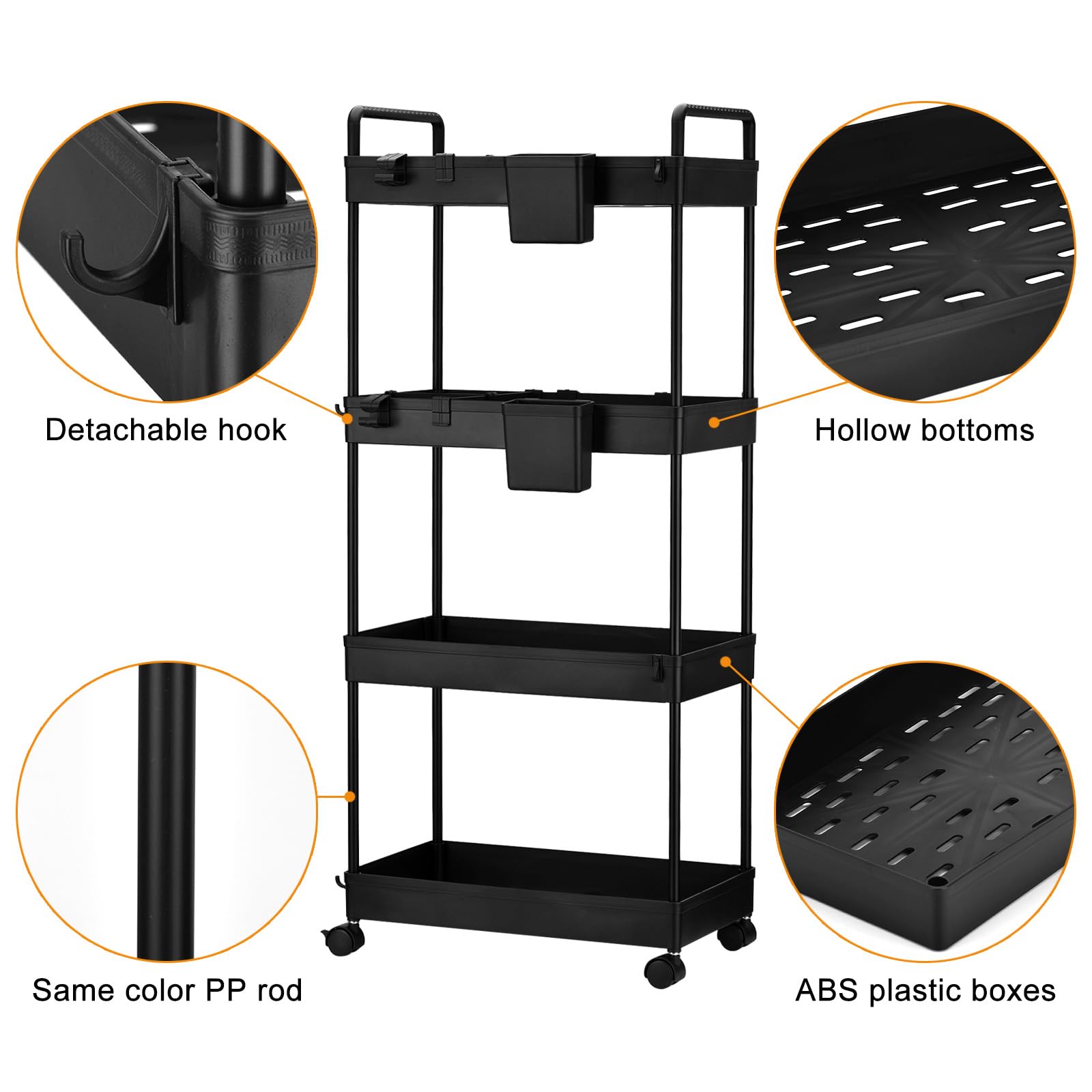 Wuudi 4-Tier Storage Trolley Cart, Slide-Out Cart with Wheels Rolling Utility Shelf Rack for Kitchen Bathroom with Hanging Cups & Partition
