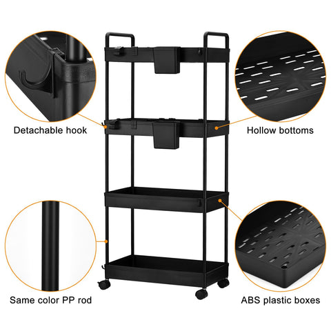 Wuudi 4-Tier Storage Trolley Cart, Slide-Out Cart with Wheels Rolling Utility Shelf Rack for Kitchen Bathroom with Hanging Cups & Partition