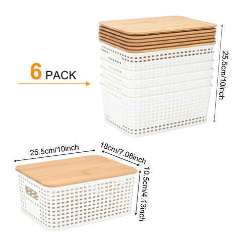 LYHLYA Stackable Storage Bins with Bamboo Lids, 6-Pack, BPA-Free Plastic, 5.1 Qt Capacity, Side Handle, 10x7.2x4.13 Inch, for Home Organization