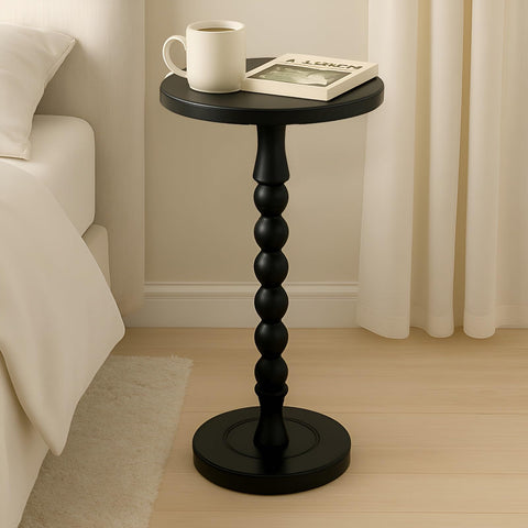 Lampaggio Round Side Table for Small Spaces, Drink Table with Oak Wood Pedestal, Modern End Table Nightstand for Living Room, Bedroom, Office