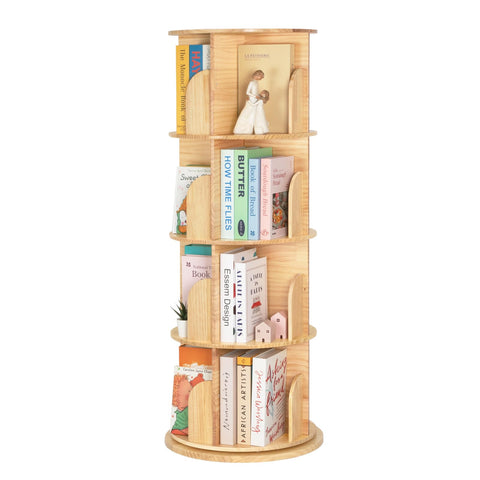OOOK Wooden Rotating Bookshelf, 4-Tier 360° Spinning Solid Wood Revolving Bookcase, Space-Saving Floor Standing Spinning Bookshelf for Study Room
