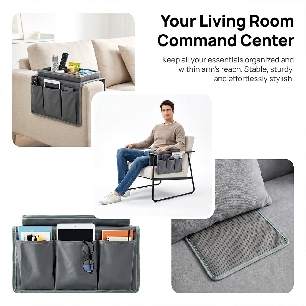 HATFRYF Sofa Arm Chair Tray Organisers Waterproof Non-Slip, Arm Chair Caddy, with 6 Bags, for Magazine, Phone, TV Remote, Drinks, Book, Snacks