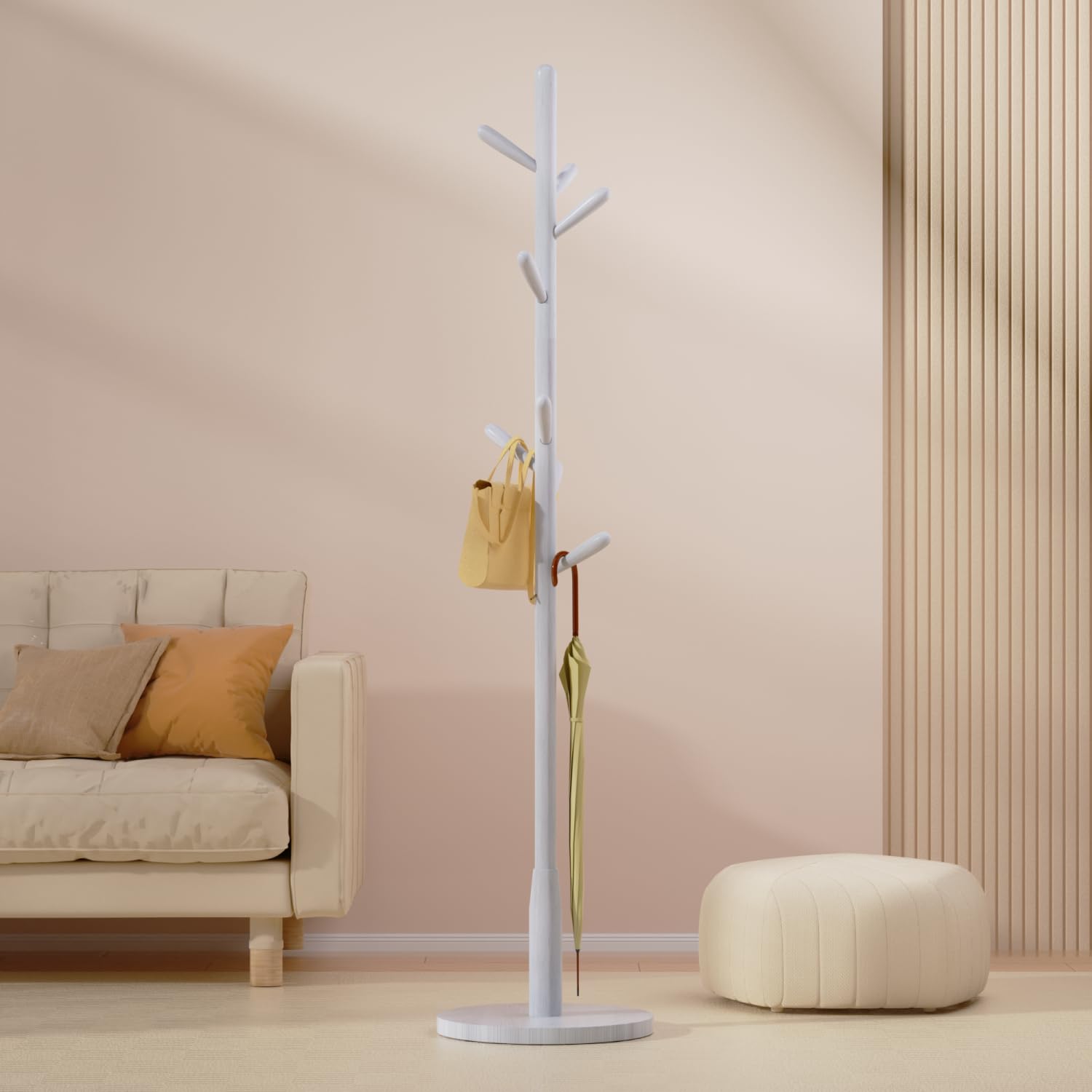 Awatiwa Solid Wood Round Base Coat Rack, Free Standing Hall Coat Tree with 8 Hooks（+2 spare for Coats, Hats, Bags, Purses, for Entryway, Hallway