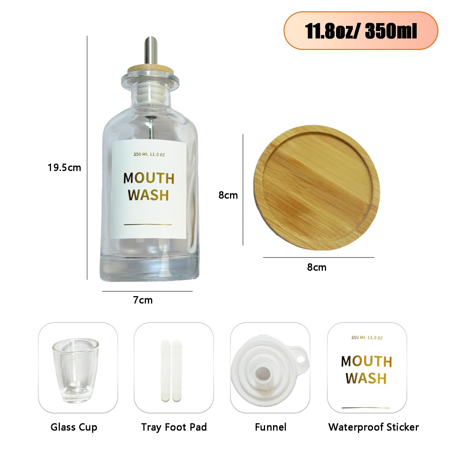 Yumzxin 11.8OZ Glass Mouthwash Bottle with Bamboo Tray & Stainless Steel Nozzle, Refillable Bathroom Organizer, Essential Oil Dispenser