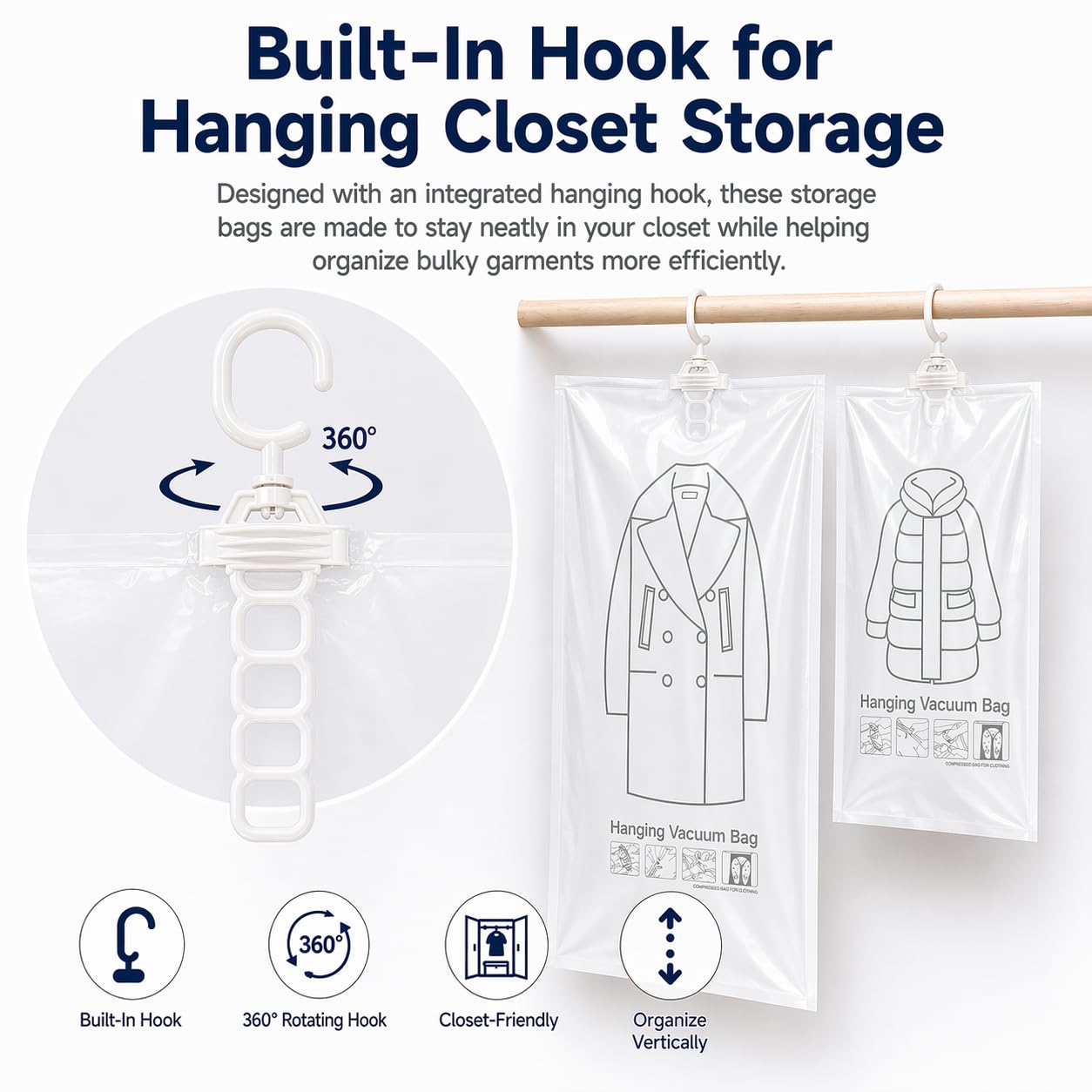 Hanging Vacuum Storage Bags for Clothes, Coats and Jackets, Large Size, Set