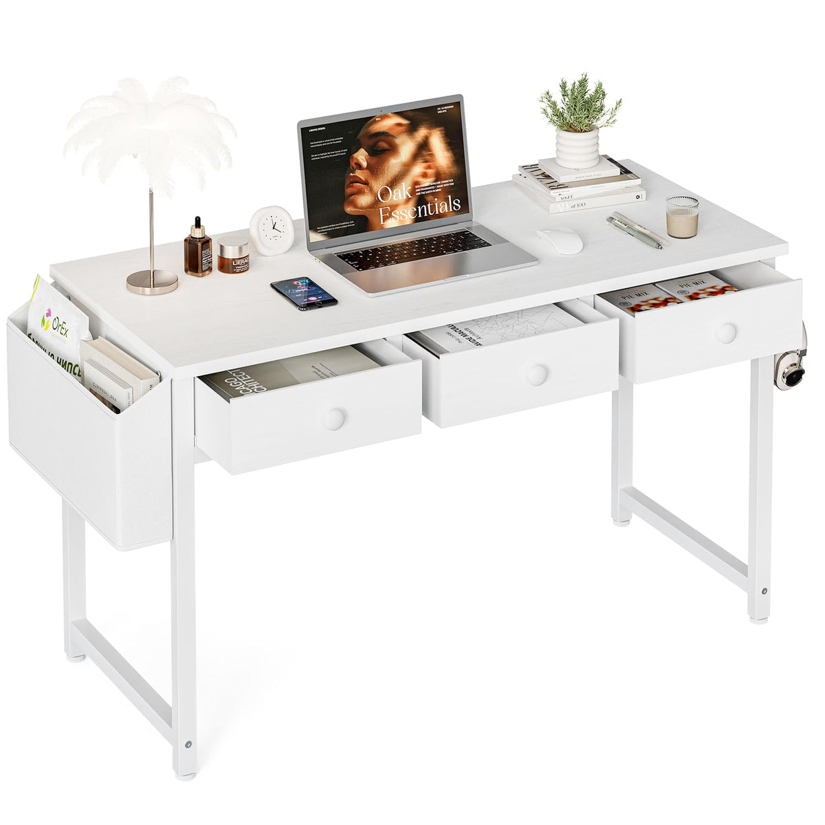 Grandder Small Computer Desk with 3 Fabric Drawers, 100 x 40 cm Home Office Desk with Storage Bags and Drawers