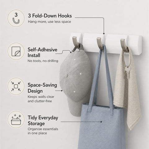 Terilamy Coat Hooks Wall Mounted, Self-Adhesive White Coat Hooks, Foldable Wall Hook with 3 Hooks, Space-Saving Coat Hanger