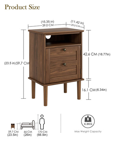 HEYZOEY Wooden Bedside Cabinet with Door & Open Top Shelf – Side Table for Bedroom & Living Room,Fits Small Space (Walnut 15.35″x 11.42″x23.5″)