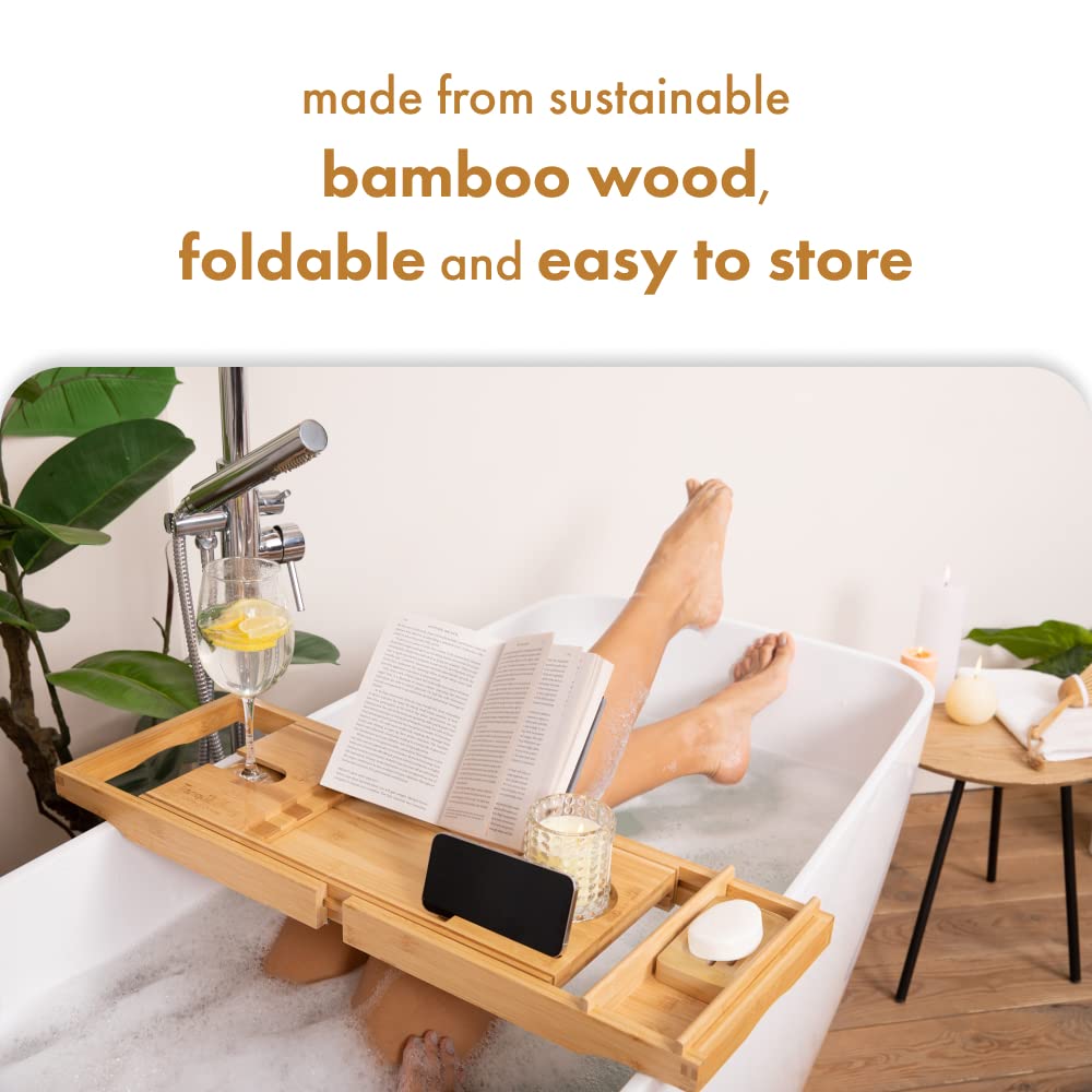 TranquilBeauty Sustainable Natural Bamboo Bath Board with Secure Slot Mechanism for iPad, Tablet and Phone