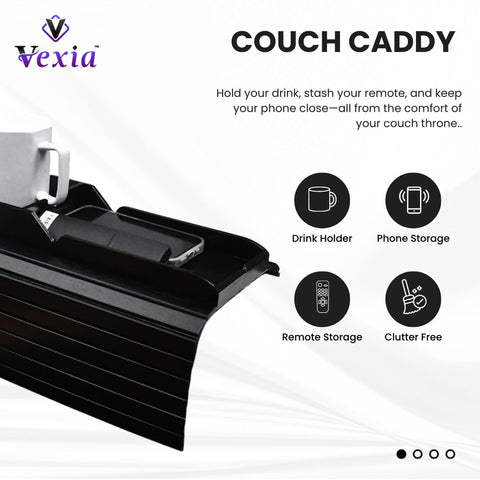 Vexia Couch Caddy Sofa Arm Tray with Phone & Tablet Holder | Flexible Black Bamboo Armrest Table for Drinks, Remotes & Snacks
