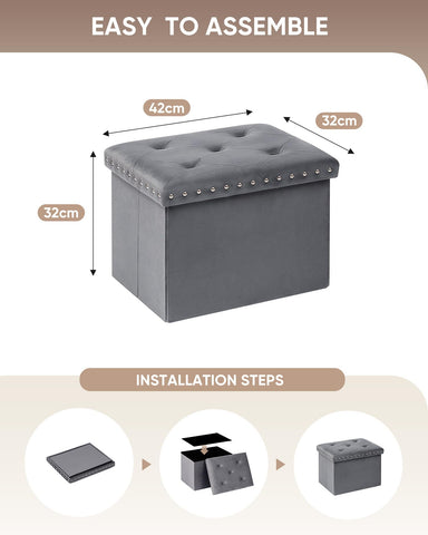 Bonlife Velvet Ottoman with Storage,Small Storage Boxes with Lids,Folding Ottoman Seat,Footstool for Living Room,42x32x32cm,Grey