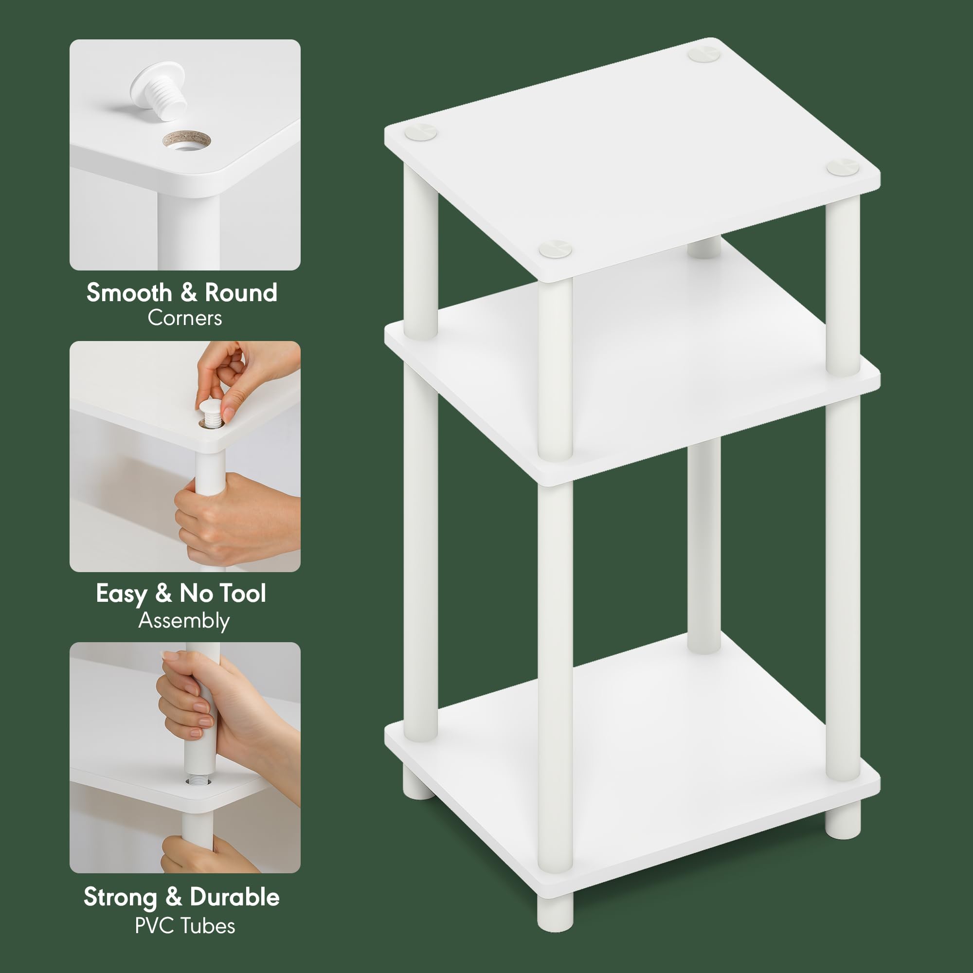 Furinno TURN-N-TUBE Side Table, 3-Tier End Table, Night Stand, Bedside Table, for Living Room, Bedroom, White