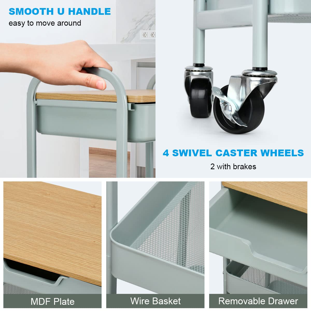Shrivee 3-Tier Storage Trolley on Wheels and Drawer, All-Purpose Metal Uses Trolley for Office Salon Kitchen Bathroom Office(Green)