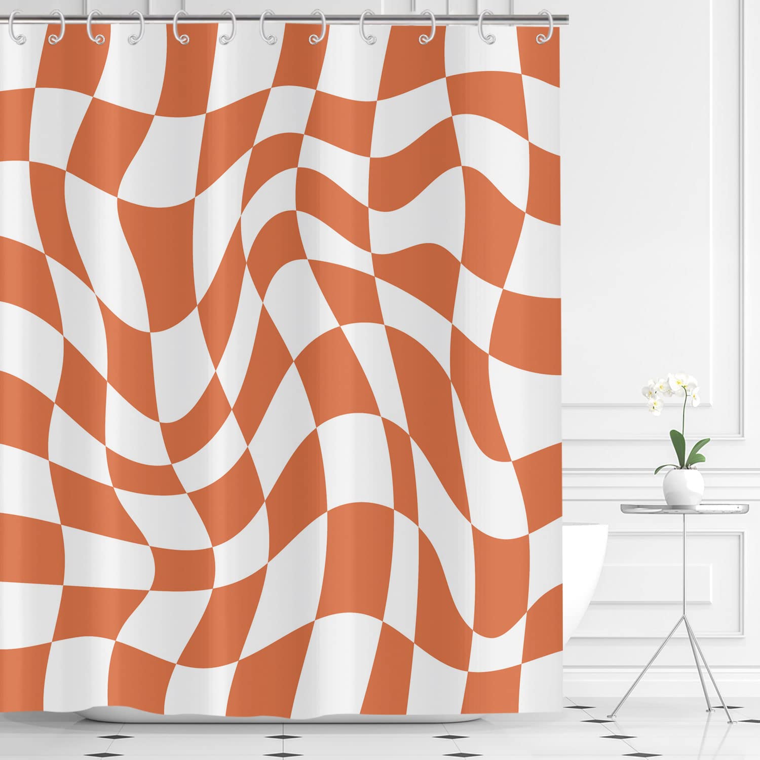 Hnmdmyi Orange Groovy Checkerboard Shower Curtain 180x180, 70s Retro Modern Abstract Psychedelic Groovy Wavy Aesthetic Hippie Funky Waterproof