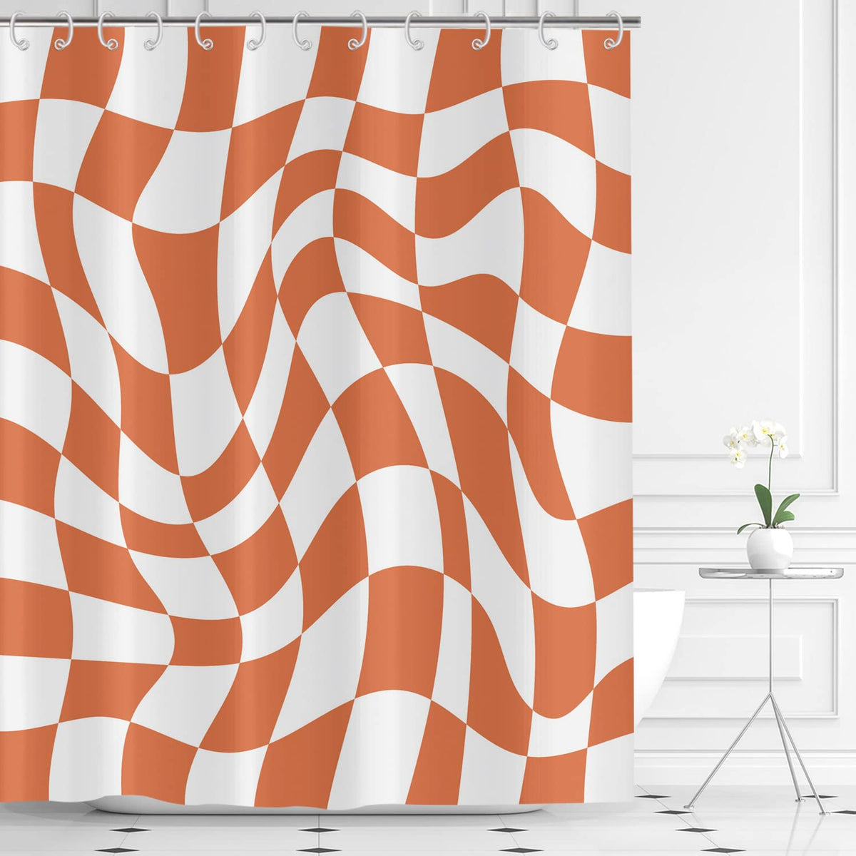 Hnmdmyi Orange Groovy Checkerboard Shower Curtain 180x180, 70s Retro Modern Abstract Psychedelic Groovy Wavy Aesthetic Hippie Funky Waterproof