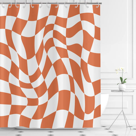Hnmdmyi Orange Groovy Checkerboard Shower Curtain 180x180, 70s Retro Modern Abstract Psychedelic Groovy Wavy Aesthetic Hippie Funky Waterproof