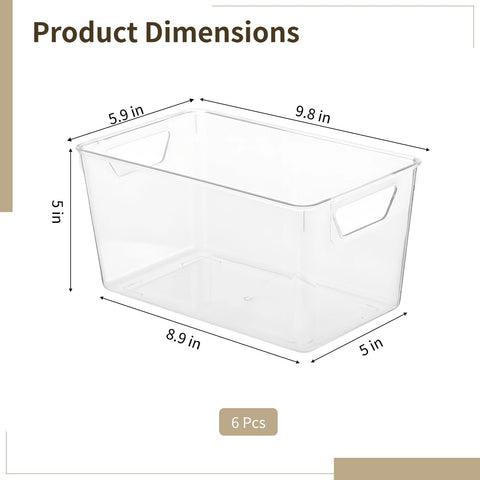 YAGOKKI 6 Pcs Clear Plastic Storage Bins with Handles - Fridge Organiser, Stackable Kitchen Cupboard Organisation for Pantry, Bathroom, Craft Room