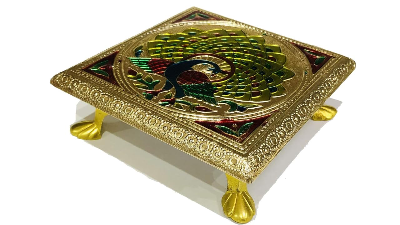 AARNAV 6" x 6" Handcrafted Low Table Bajath Bajot Chowki For God Temple or Lamp or Vase or Hindu Puja Brass Minakari Table (Brass Minakari 6"x6")
