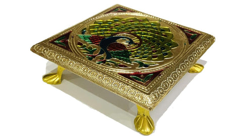 AARNAV 6" x 6" Handcrafted Low Table Bajath Bajot Chowki For God Temple or Lamp or Vase or Hindu Puja Brass Minakari Table (Brass Minakari 6"x6")
